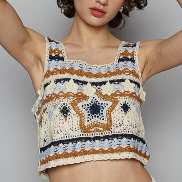 POL Star Color Block Crochet Cropped Tank Top - Picture 1 of 4